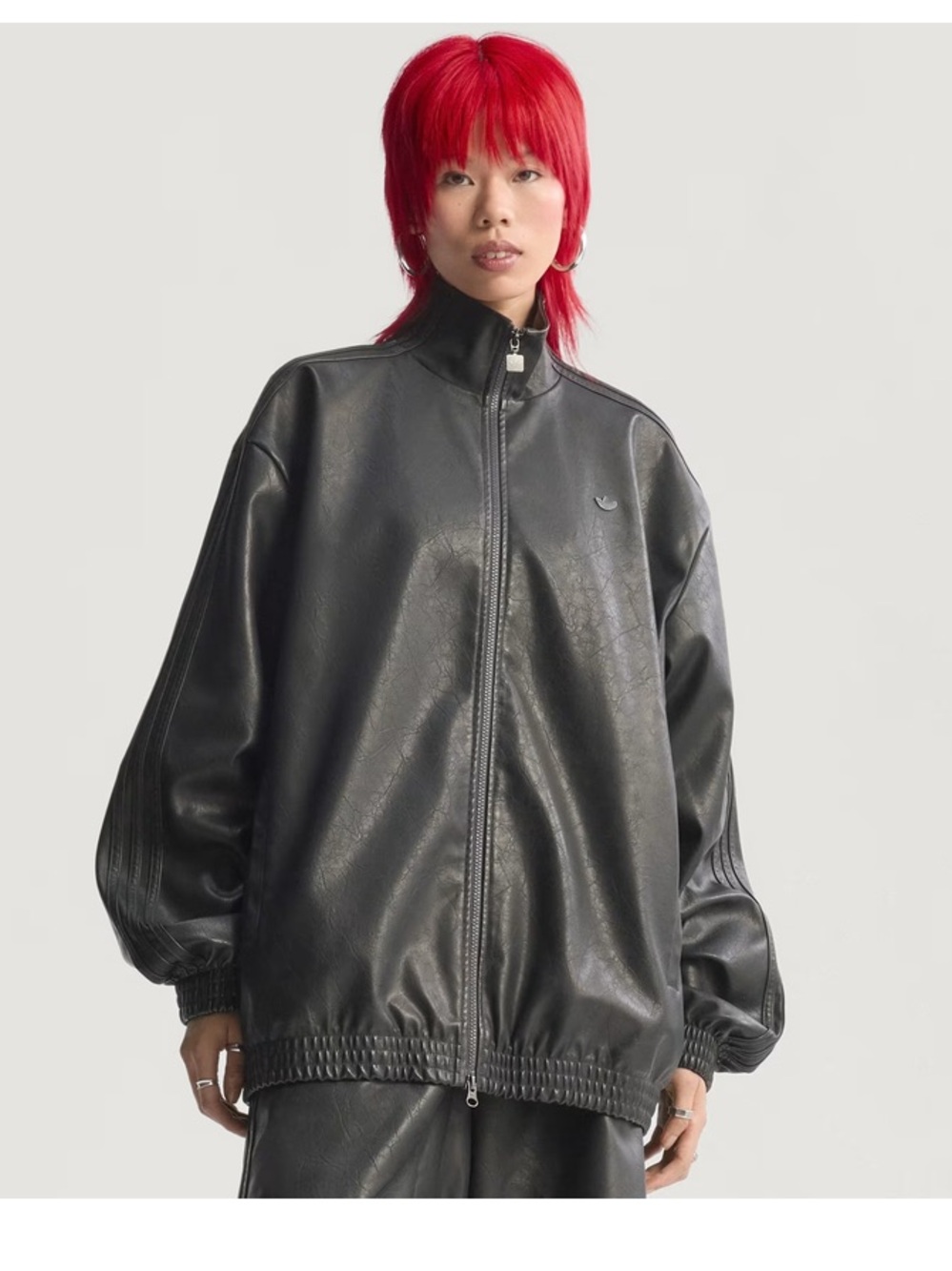 ADIDAS Black Pleather Firebird Oversized Faux Leather Track Bomber Jacket XS NWT
